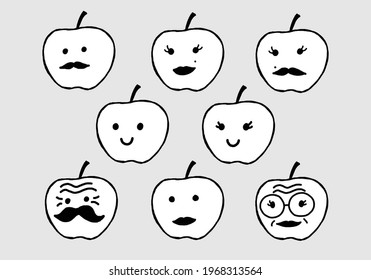 Set of Hand draw Apple symbol human face variety of styles. Vector design illustration.