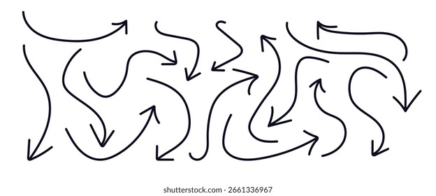 Conjunto de setas desenhadas de Mão definido. Desenho desenhado à mão desenhando lápis muitos conjunto de elementos de seta diferentes. curvo, ondulado, espiral, gráfico caneta rabisco ícone conjunto de vetor.