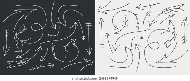 Set of hand draw arrows. Two variant dark and light background. Pattern with doodle art. Vector illustrations.