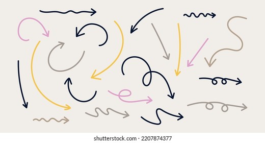 Set of hand draw arrows,different shapes and curves.Soft forms,different directions and lengths.Vector illustration in line style