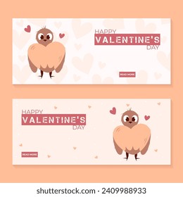 Set of hand draw banners with bird and hearts for Valentine's day. Happy Valentine's day and button read more. Peach fuzz, red, brow and pink colors.Cartoon and doodle style. Web vector illustration