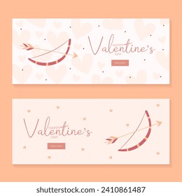 Set of hand draw banners with bow and arrow hearts for Valentine's day. Happy Valentine's day and button read more. Peach fuzz, red, brow and pink colors.Cartoon style. Web vector illustration