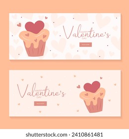 Set of hand draw banners with cupcake and hearts for Valentine's day. Happy Valentine's day and button read more. Peach fuzz, red, brow and pink colors.Cartoon style. Web vector illustration