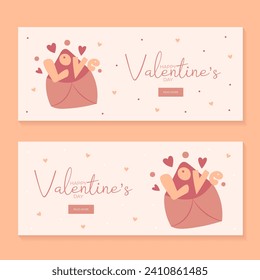 Set of hand draw banners with envelope hearts and word love for Valentine's day. Happy Valentine's day and button read more. Peach fuzz, red, brow and pink colors.Cartoon style. Vector illustration