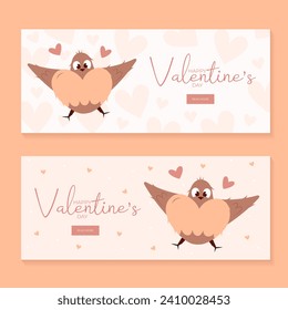 Set of hand draw banners with flying bird and hearts for Valentine's day. Happy Valentine's day and button read more. Peach fuzz, red, brow and pink colors.Cartoon style. Web vector illustration