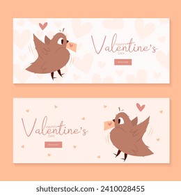 Set of hand draw banners with flying bird, envelope hearts for Valentine's day. Happy Valentine's day and button read more. Peach fuzz, red, brow and pink colors.Cartoon style. Web vector illustration