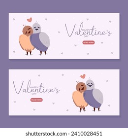 Set of hand draw banners with two bird and hearts for Valentine's day. Happy Valentine's day and button read more. Peach fuzz, red, purple brow and pink colors.Cartoon style. Web vector illustration