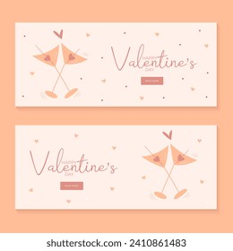 Set of hand draw banners with two glasses of martini, hearts for Valentine's day. Happy Valentine's day and button read more. Peach fuzz, red, brow and pink colors.Cartoon style.Vector illustration