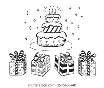 set of hand draw birthday cake and gift vector