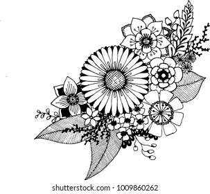 set of hand draw black and white doodle flowers