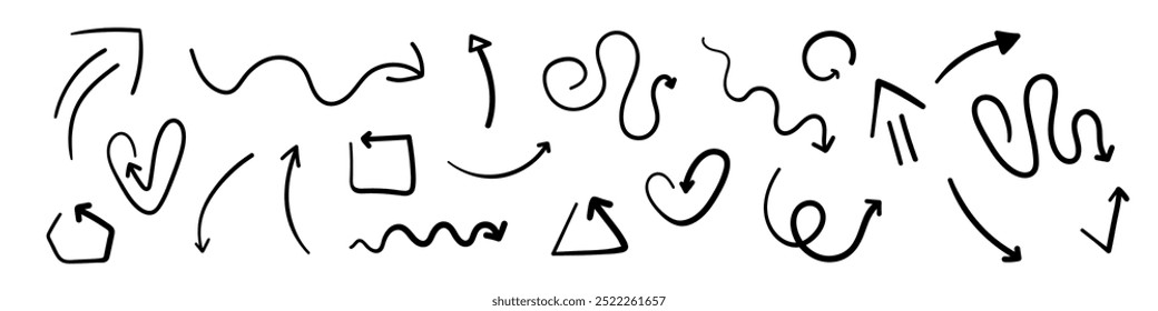 Conjunto de flechas en blanco y negro dibujadas a mano en estilo doodle aislado sobre fondo blanco. Elemento de diseño de boceto de Ilustración vectorial. Iconos en Formas de corazones, círculo, ondas.