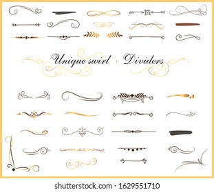 Set of hand draw borders made with brush and ink. Unique swirls and dividers for your design. Ink borders. Vintage style dividers, swirls, scrolls and arrows on isolated background
