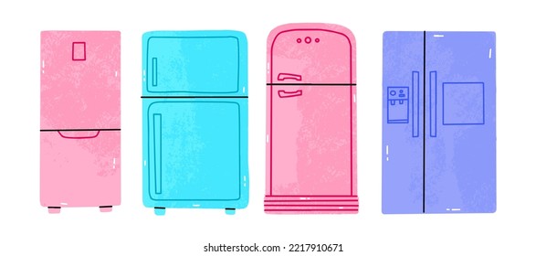 Set of hand draw bright fridges of various size isolated on white background vector illustration. Retro fridge set, kitchen equipment. Refrigerator to keep cool,appliance to store food and drink fresh