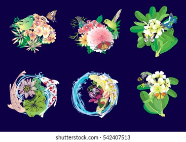 Set hand draw butterfly with frangipani, lily with koi, flowers with birds.greeting card for wedding, vintage flowers composition. decorative background and text, vector illustration EPS10.