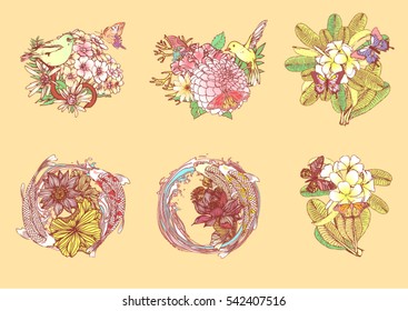 Set hand draw butterfly with frangipani, lily with koi, flowers with birds.greeting card for wedding, vintage flowers composition. decorative background and text, vector illustration EPS10.