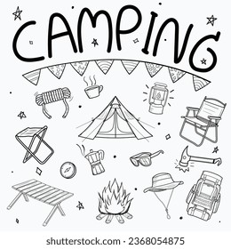 set of hand draw camping equipment , doodle , icon lantern tent  mokapot ,backpack  camp fire  compass sunglasses  hammer  rope