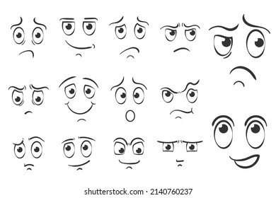 Set of hand draw cartoon emotion. Set of doodle funny faces. Different emotions isolated on white background. Facial expressions in scribble design. Vector illustration. Eps 10.