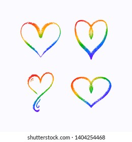 Set of hand draw chalk brush hearts for greeting card. Symbol of love and Valentine day. Heart doodles set. Vector illustration for graphic design.