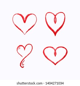 Set of hand draw chalk brush hearts for greeting card. Symbol of love and Valentine day. Heart doodles set. Vector illustration for graphic design.