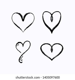 Set of hand draw chalk brush hearts for greeting card. Symbol of love and Valentine day. Heart doodles set. Vector illustration for graphic design.