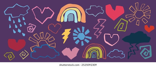 Set of hand draw childish graphics, doodle style illustrations. Rainbow, cloud, rain, sun, sun. Wonderful elements for greeting cards, invitations, clothing.