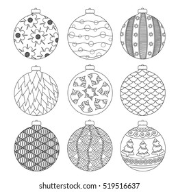 Set of Hand draw Christmas balls for coloring with elements doodle. Black and white Coloring book and page. Vector illustration.