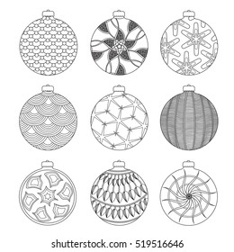 Set of Hand draw Christmas balls for coloring with doodle elements. Black and white Coloring book and page. Vector illustration.