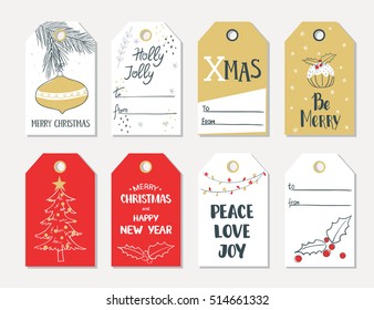 Set of hand draw Christmas and New Year gift tags. Vector illustration