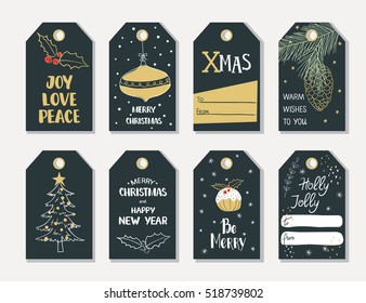 Set of hand draw Christmas and New Year gift tags. Hand draw vector illustration