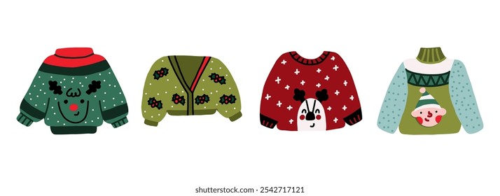 Conjunto de Navidades de dibujo a mano suéter feo. Punto divertido invierno Navidad Pullover. Ilustración vectorial sobre un fondo blanco