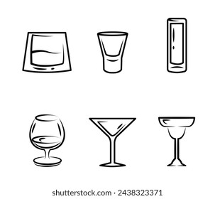 Set of hand draw cocktails with different drinks. Collection of beverages in Glasses of Different Shapes. Drinks icons, cafe menu. Vector Collection of Bottles for Alcohol in Linear Style.