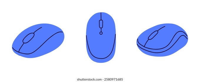 Set of hand draw computer mouse with scroll wheel and buttons.Computer accessory  in colored doodle style. 