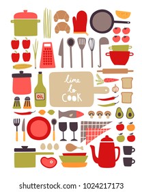 Set with hand draw cooking utensils and food ingredients. Vector collection. 