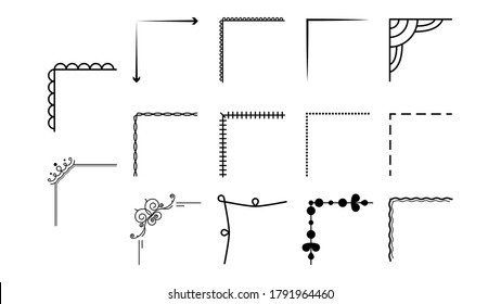 Set Hand Draw Of Corners Different Shapes Flower Decoration Vector Design Doodle Sketch Style For Wedding And Banner