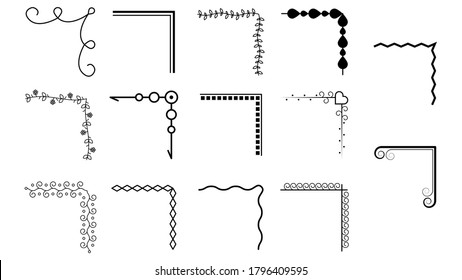 Set Hand Draw Of Corners Different Shapes Flower Decoration Vector Design Doodle Sketch Style For Wedding And Banner