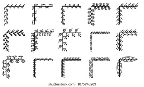 Set Hand Draw Of Corners Different Shapes Flower Decoration Vector Design Doodle Sketch Style For Wedding And Banner