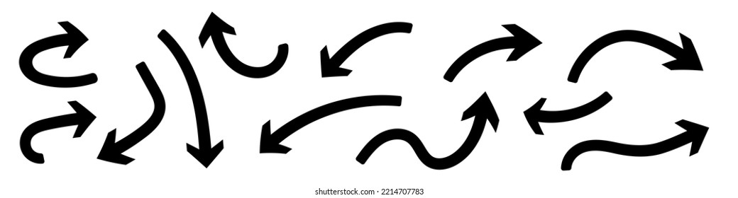 Juego de flechas curvadas dibujadas a mano, punteros elegantes vectoriales.