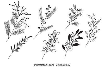 Handzeichner-Dekor abstrakter Zweig für Weihnachtsdesign. Früchte, Beeren und Blätter. Vektorgrafik.