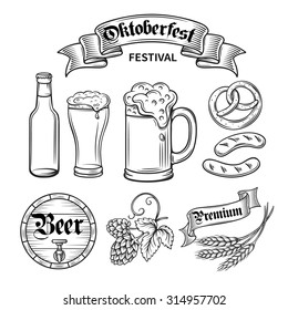 set hand draw decorarive beer oktoberfest, black line