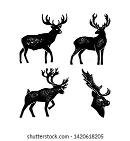Set Hand draw Deer Silhouette Grunge. Black Vector illustration of a Wild Animal stag Isolated on a white background with a worn texture. Element for Logo, Emblem, Poster, Lettering, Pattern, Banner