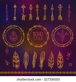 Set of hand draw design elements in a boho style. Vector illustration. Arrows, feathers, ornate borders. Goods for print design in a boho or hippie style.  Good for Tattoo.