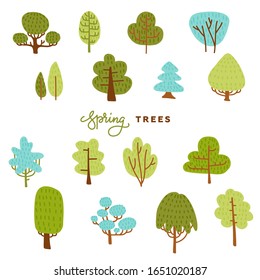 Set hand draw of differend trees in scandinavian style. Collection of colorful forest illustration in cartoons style. Doodle of spring or summer wood and fur-tree.