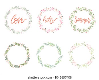 set of hand draw doodle floral wreath isolated on white background - vector illustration
