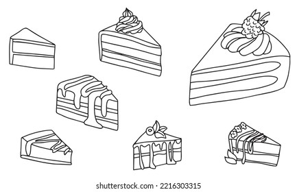 Set of hand draw doodle piece of cakes outline. Vector illustration