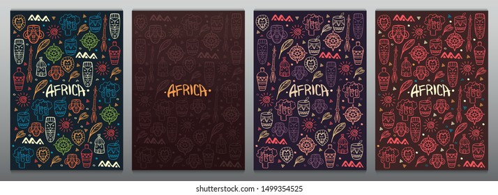 Set of Hand draw doodles banners of Africa word. Colorful illustration. Background with lots of objects