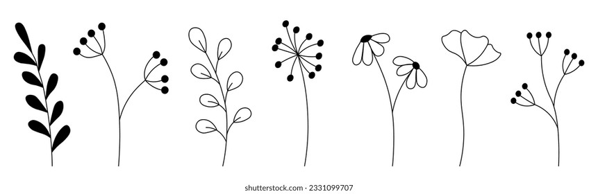  set of hand draw doodles flowers. line flower collection