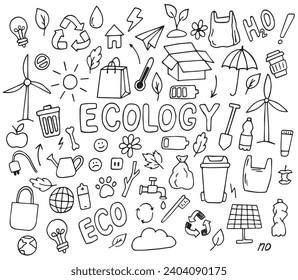 set of hand draw ecology doodle elements,  doodles collection on white background, handmade set
