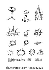 Set of hand draw explosive and bomb. Vector illustration.