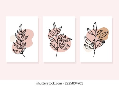 Set of hand draw floral line art  with abstract shape.Minimal botanical wall art.Abstract line art composition with leaves.Postcards or Covers, Prints, Posters.