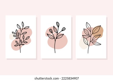 Set of hand draw floral line art  with abstract shape.Minimal botanical wall art.Abstract line art composition with leaves.Postcards or Covers, Prints, Posters.